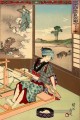 Nijushi ko mitate e awase depictet eine Frau, die Toyohara Chikanobu webt